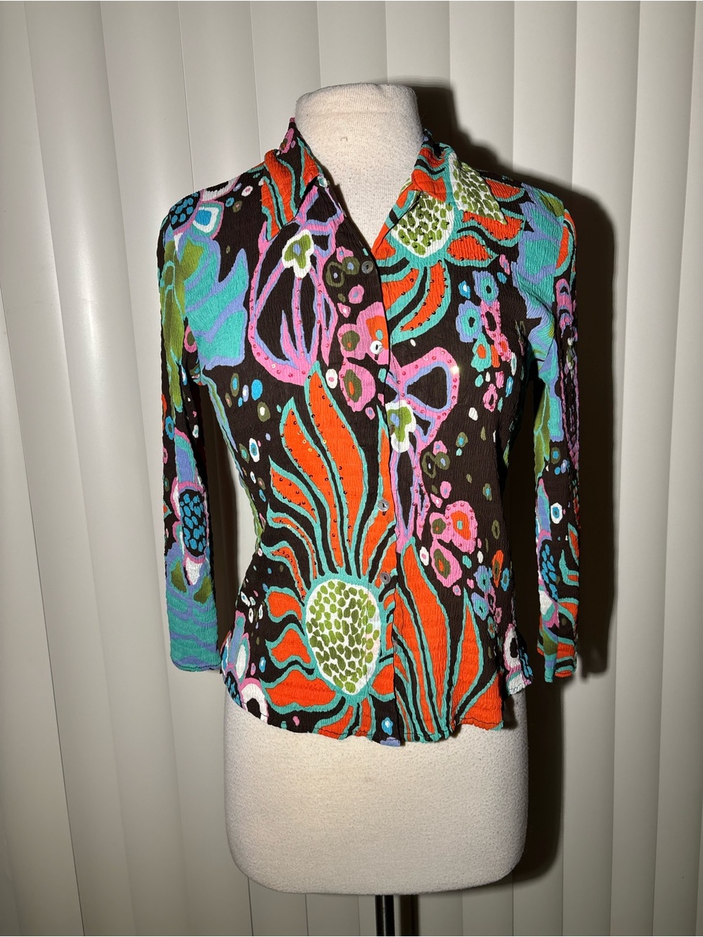 Womens Floral Abstract Button-Front Top - Multi